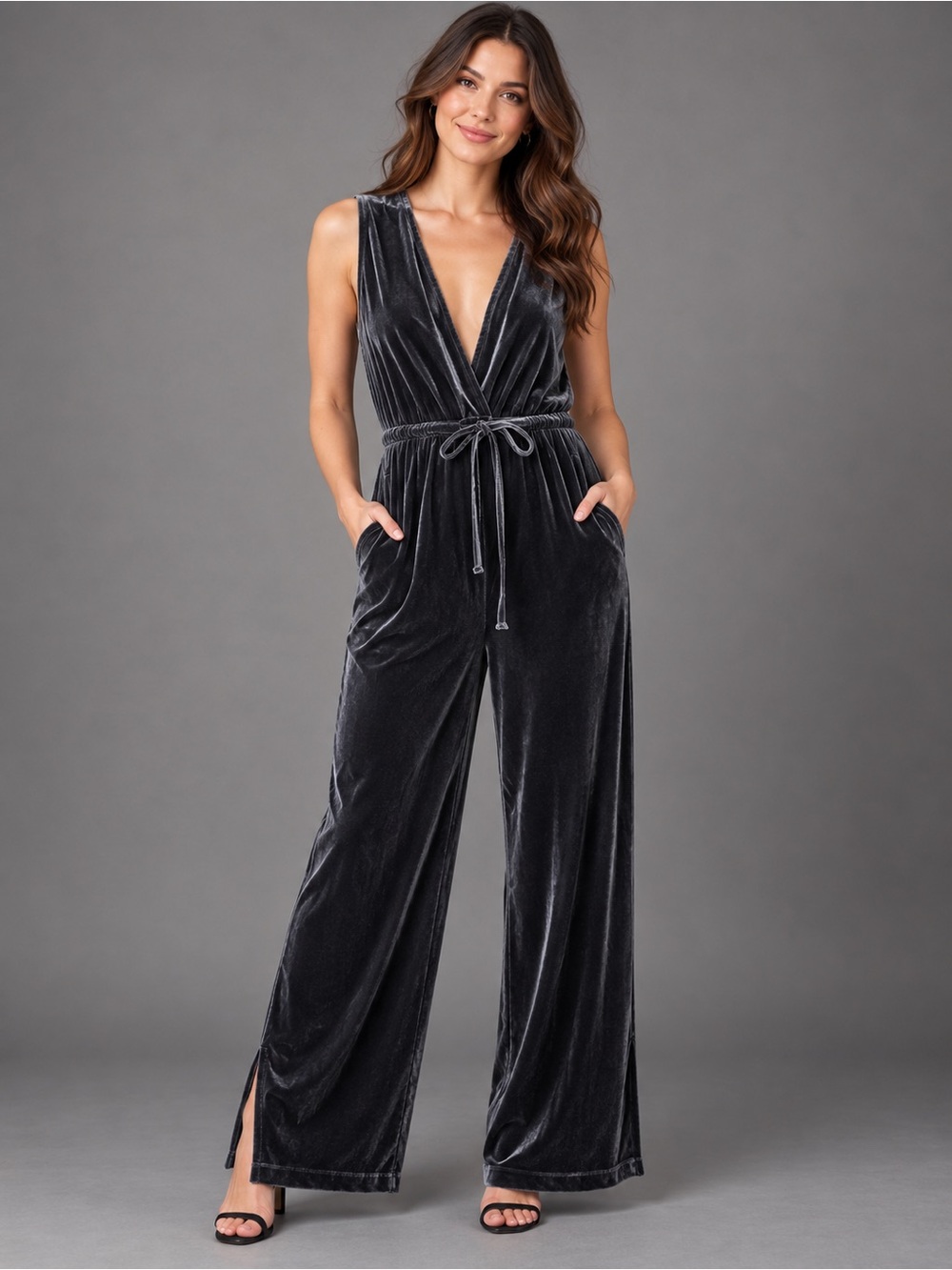 Storia Charcoal Gray Velvet Wide Leg Jumpsuit Medium Y2K Party Club
